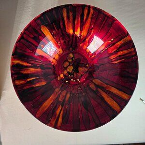 Hand-Painted Pier One Decorative Glass Bowl Gold & Red With Firestorm Design